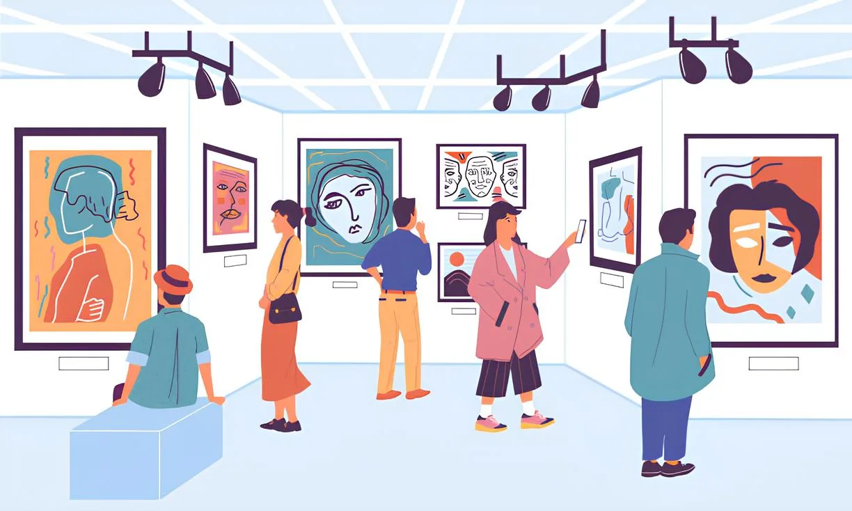 Art gallery illustration – People viewing abstract paintings in an art exhibition.