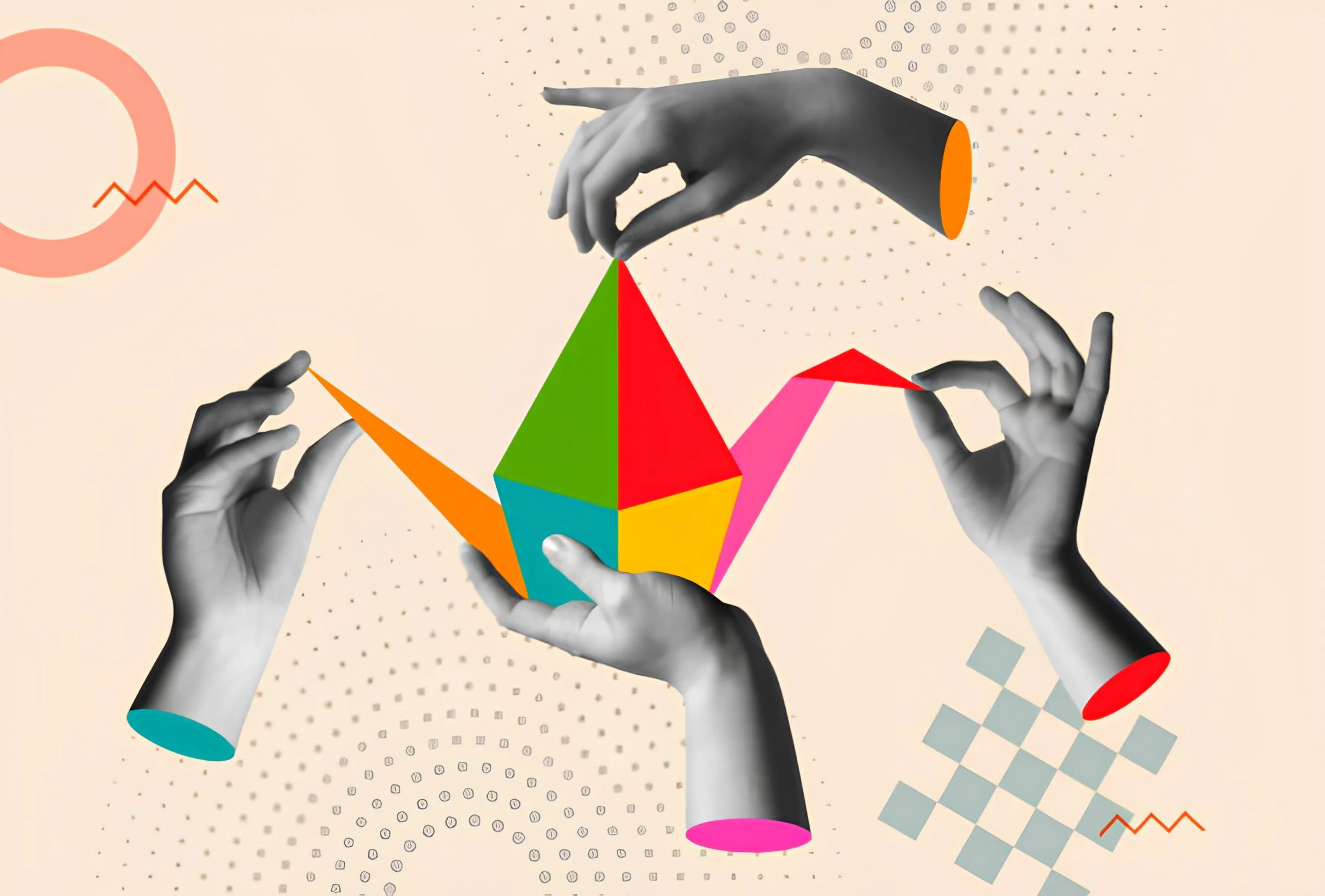Surreal collage of hands holding a colorful geometric origami bird.