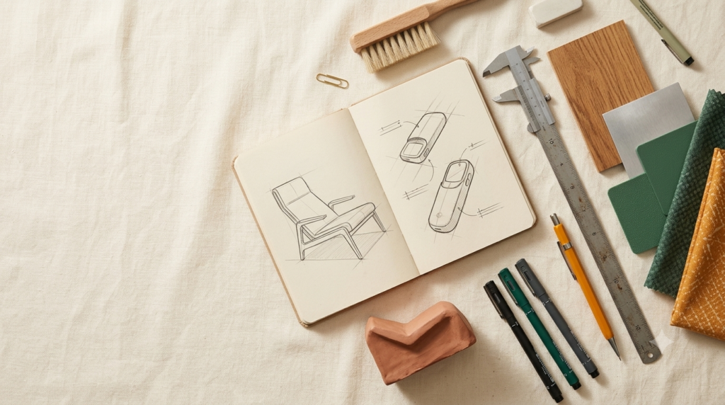 Open notebook showing chair sketches surrounded by drafting tools, fabric swatches, pens, ruler, and a clay form on a light fabric surface.