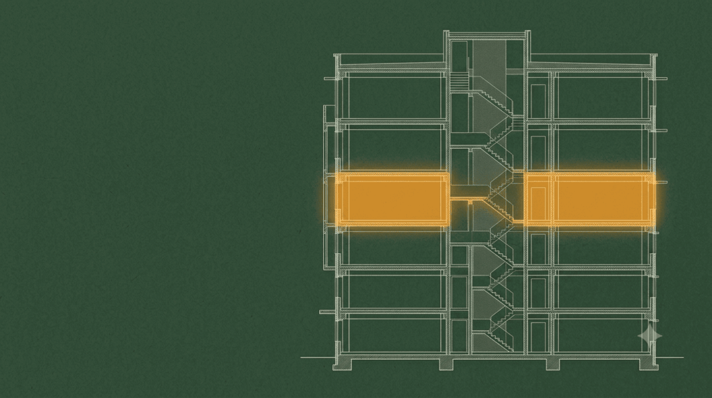 Cross‑section of a multi‑story building showing stairwells; two orange floors highlight central circulation area on the left side of the section.