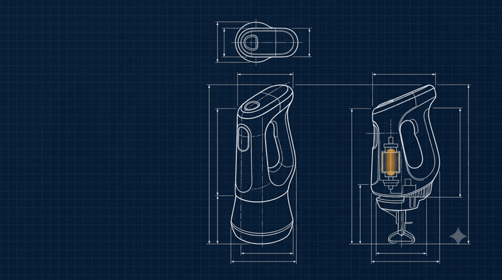 Technical blueprint drawing of a handheld product showing front, side and top views with dimension lines