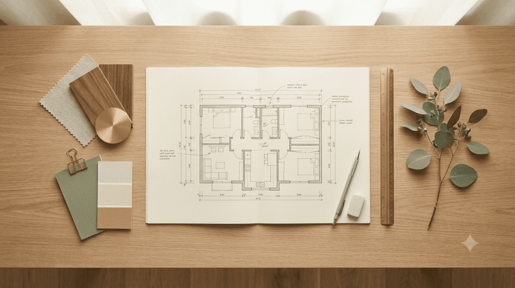 Top-down view of a wooden desk with an open architectural floor plan, surrounded by ruler, pencil, eraser, color swatches, and wood samples.