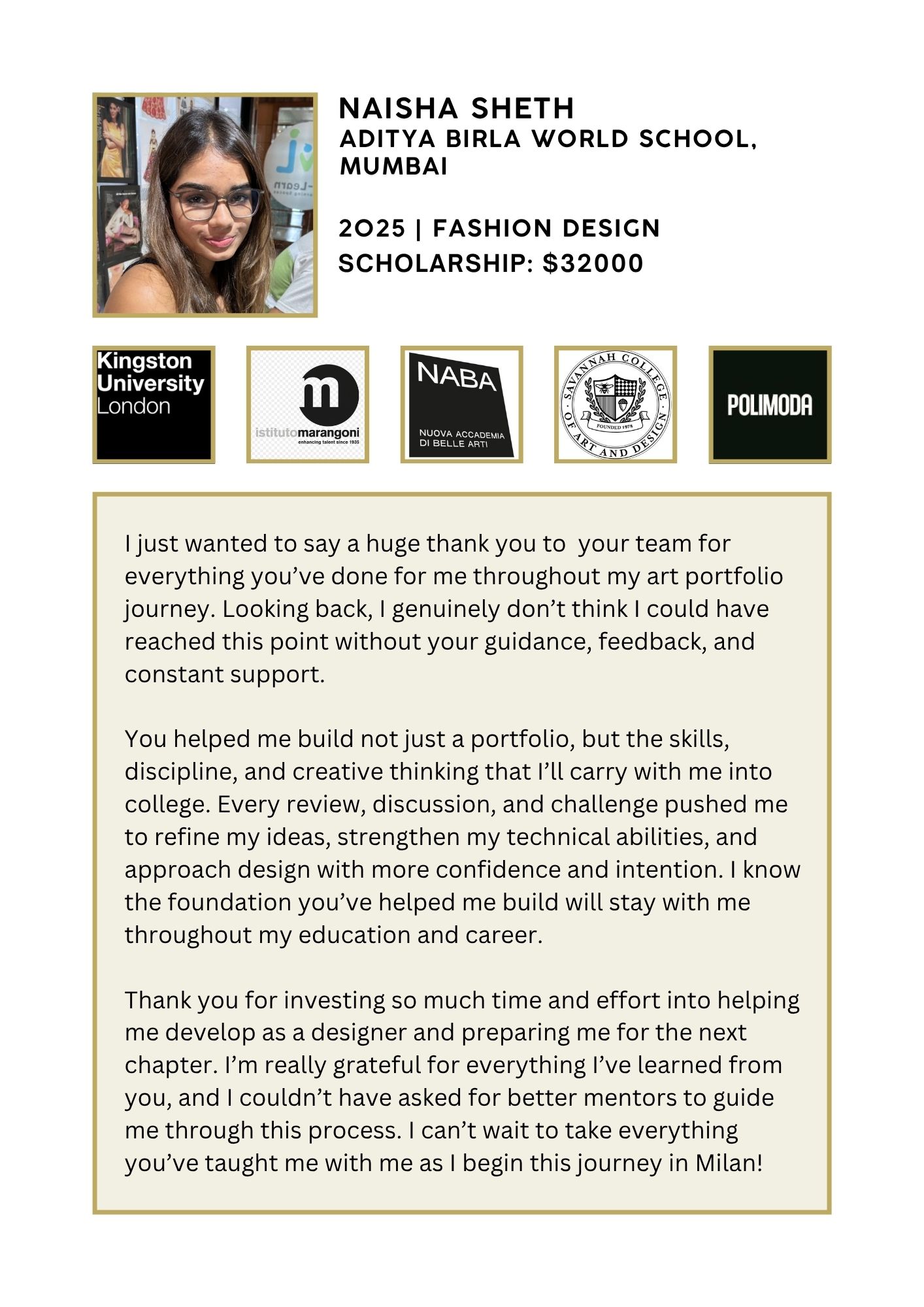 Portrait of Naisha Sheth with scholarship details and logos of partner schools beneath a beige framed section