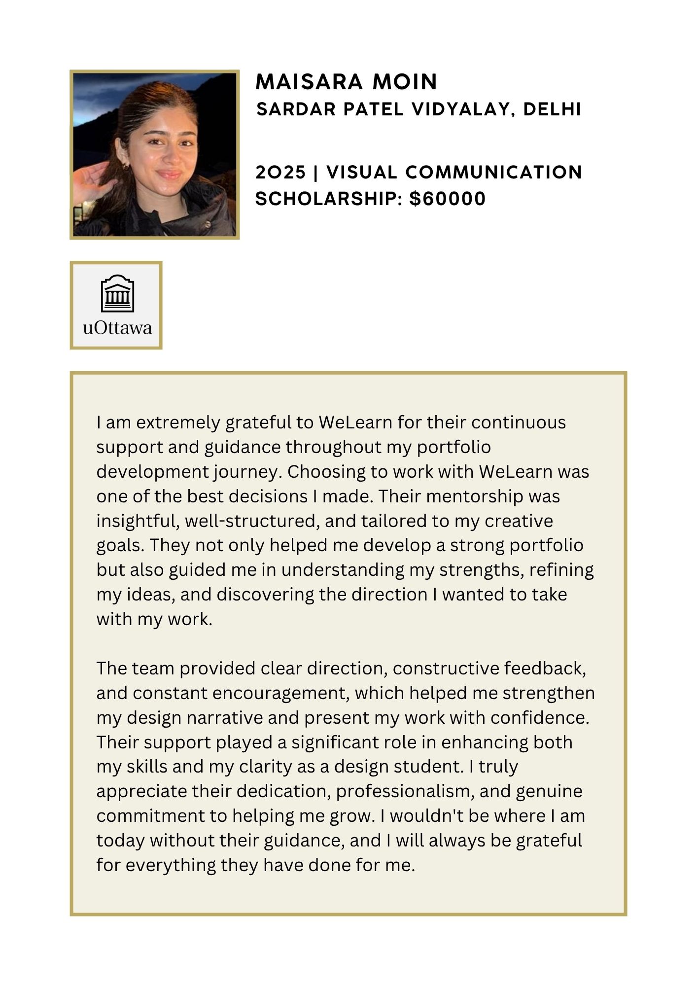 Profile card for Maisara Moin featuring the 2025 Visual Communication Scholarship ($60,000) and the uOttawa logo, with a beige testimonial block behind the text.